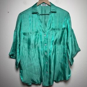 Porter Collective Women Button Front Shirt Small Green Artsy Oversized Drapey‎